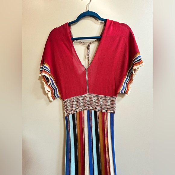 Ottod’Ame Italy Multicolored Knit Viscose V-Neck Tie Back Long Boho Dress - Picture 2 of 16